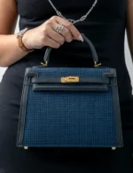 Hermès Quadrille Kelly Sellier 25 Black Swift and Bleu Saphir Toile GHW - Image 2
