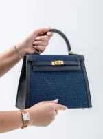 Hermès Quadrille Kelly Sellier 25 Black Swift and Bleu Saphir Toile GHW